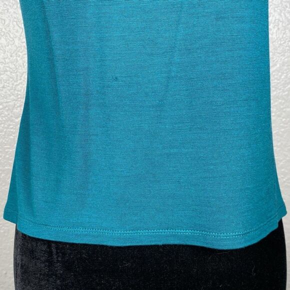 Ann Taylor Petites Sz PS Short Sleeve Blouse Teal Pleated Neckline Silk Blend - Picture 4 of 8